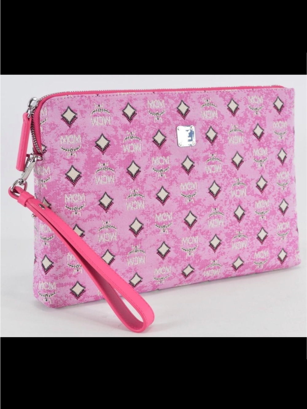 MCM Pink Monogram Zip Wristlet Pouch